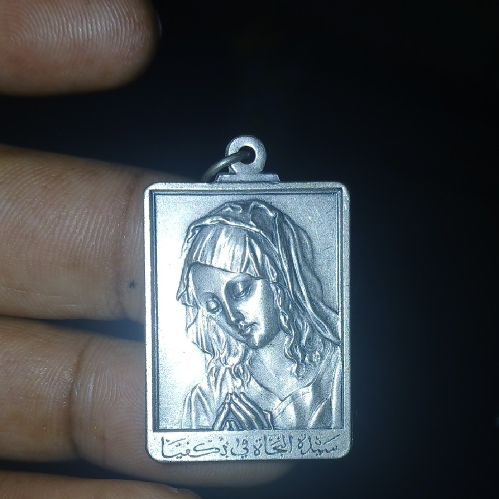Notre dame de la route blanche. Antique Religious Pendant. Enamel Medal.